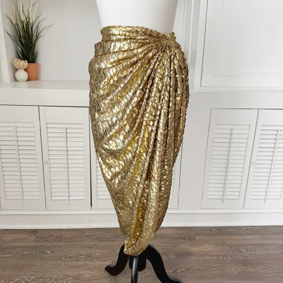 Michael Kors Metallic Gold Silk Cheetah Fil Coupe Draped Sarong Skirt Size 8 - Picture 2 of 10